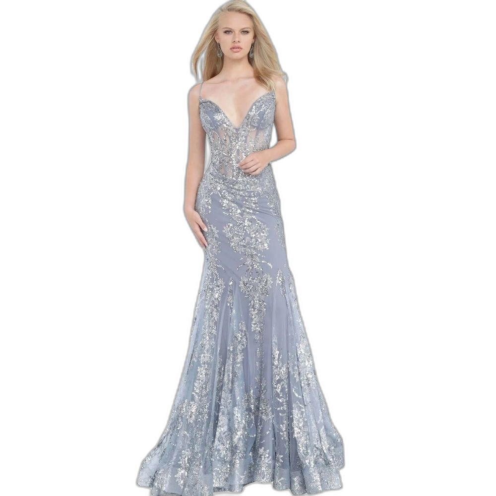 Jovani 3675 Embellished Elegant Blue Sequin Evening Gown in ink‎ size 16 formal